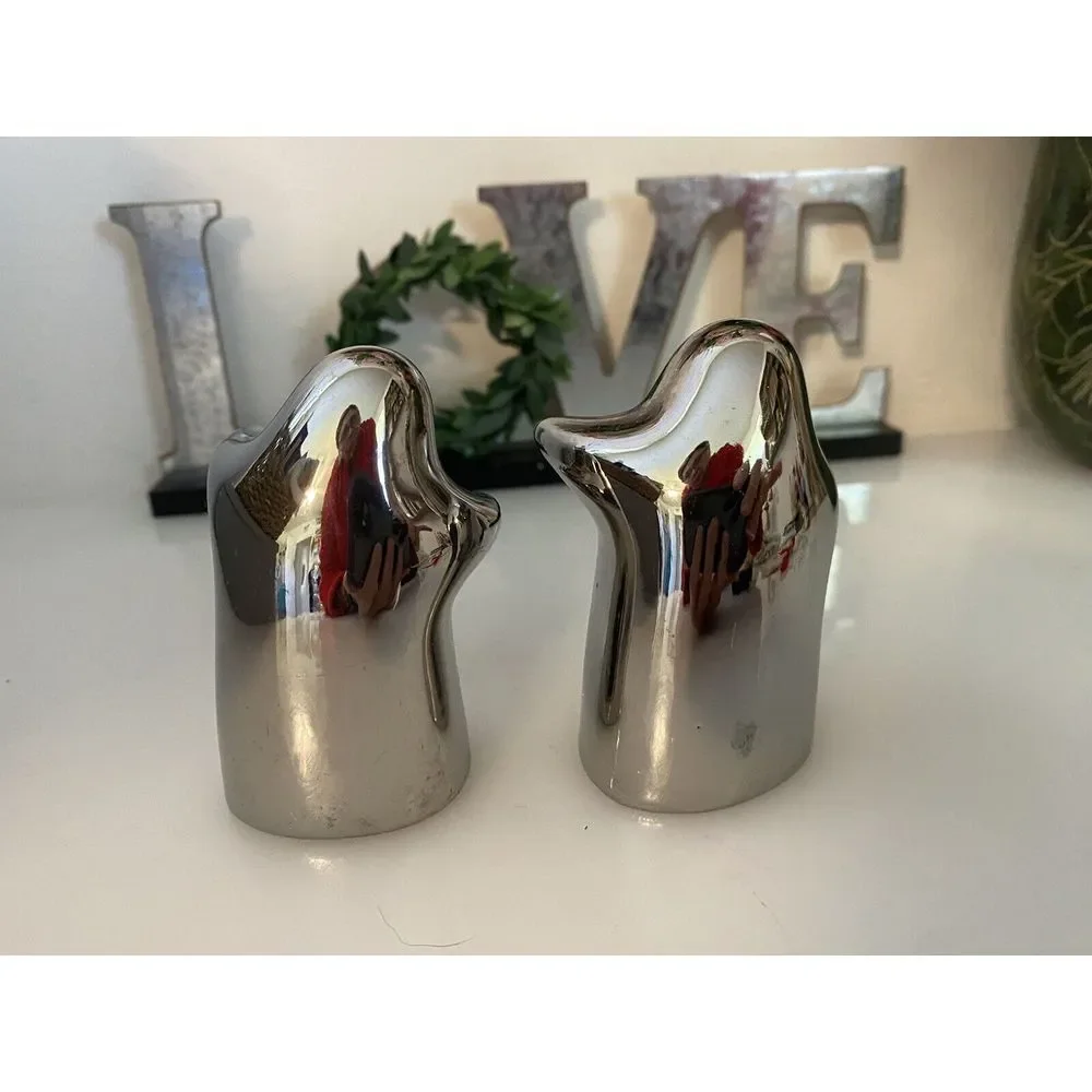 Hugging Ghost Salt‎ and Pepper Shakers Set w Stopers Chrome  Mercury Glass Style
